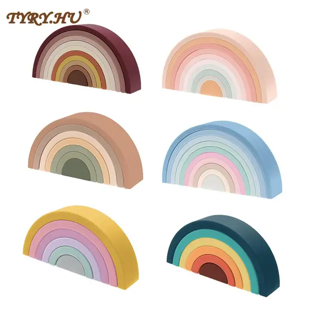 TYRY.HU Newest 7/10pcs Silicone Building Block Rainbow Soft Block 3D Educational Montessori Toys Stacking Blocks Baby Gift 1
