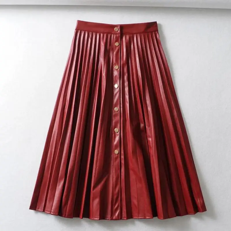 Women Wine Red Pu Leather Midi Skirts High Waist Faldas Mujer Zipper Fly Solid Office Wear Stylish Fashion Pleated Skirt T641 - Цвет: Бургундия