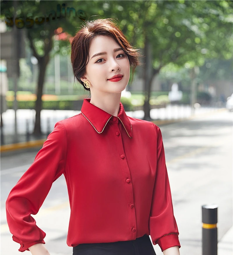 Blusas rojas de manga larga para mujer, ropa de trabajo para negocios, primavera otoño, estilo OL|Blusas y camisas| - AliExpress