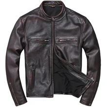 Factory New Men Vintage Red Motorcycle Real Cowhide Rider Winter Russian Coat Free Shipping