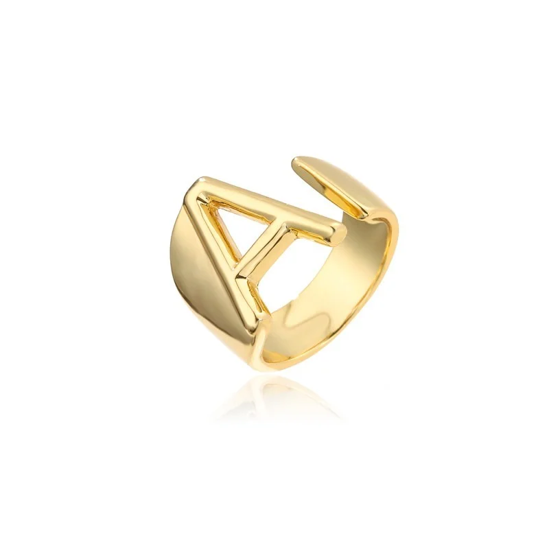 Gold Color Ring Finger Ring Adjustable Rings A-Z Letter Metal Adjustable Opening Ring Initials Name Alphabet Female Party Chunky Wide Trendy Jewelry