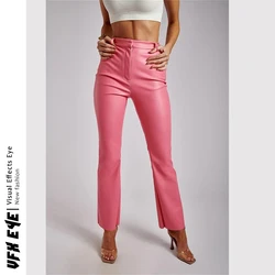 Pantalon en cuir PU pour femmes, taille haute, poches solides, marron, rose, à la mode, nouvelle collection automne hiver 2021 