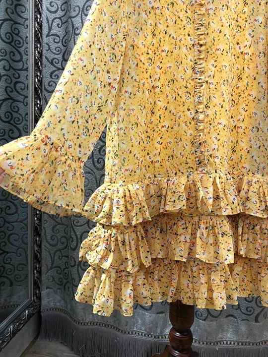 High Quality New Autumn Fashion Dress Women Charming Floral Print Cascading Ruffle Sexy Party Long Sleeve Yellow Dress Club