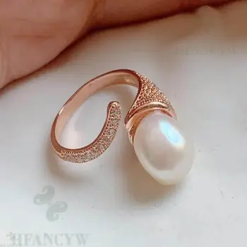 

White Baroque Pearl Zircon Open Adjustable Ring Huge Gorgeous Women Jewelry Wedding Flawless Mesmerizing