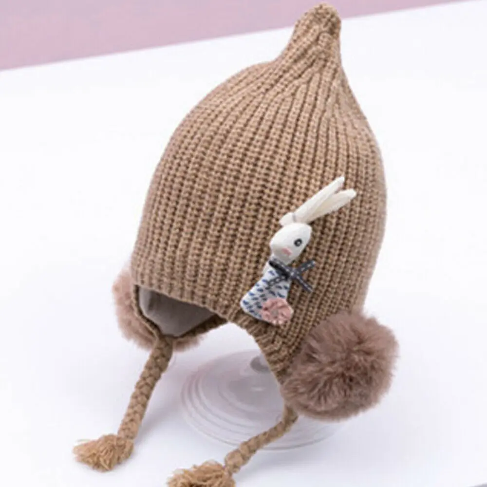 Брендовая детская шапка для детей 0-24 месяцев, детские зимние шапки для девочек и мальчиков, хлопковая плотная теплая вязаная шапка с ушками, помпоны-кролики из лисьего меха - Цвет: Coffee