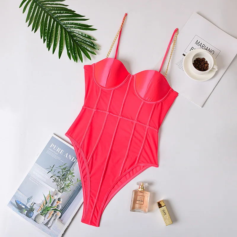 neon pink Прозрачное черное боди с криптографической сеткой, с металлической цепочкой, на бретелях, с открытой спиной, сексуальное облегающее боди, модный клубный, вечерние - Цвет: neon pink