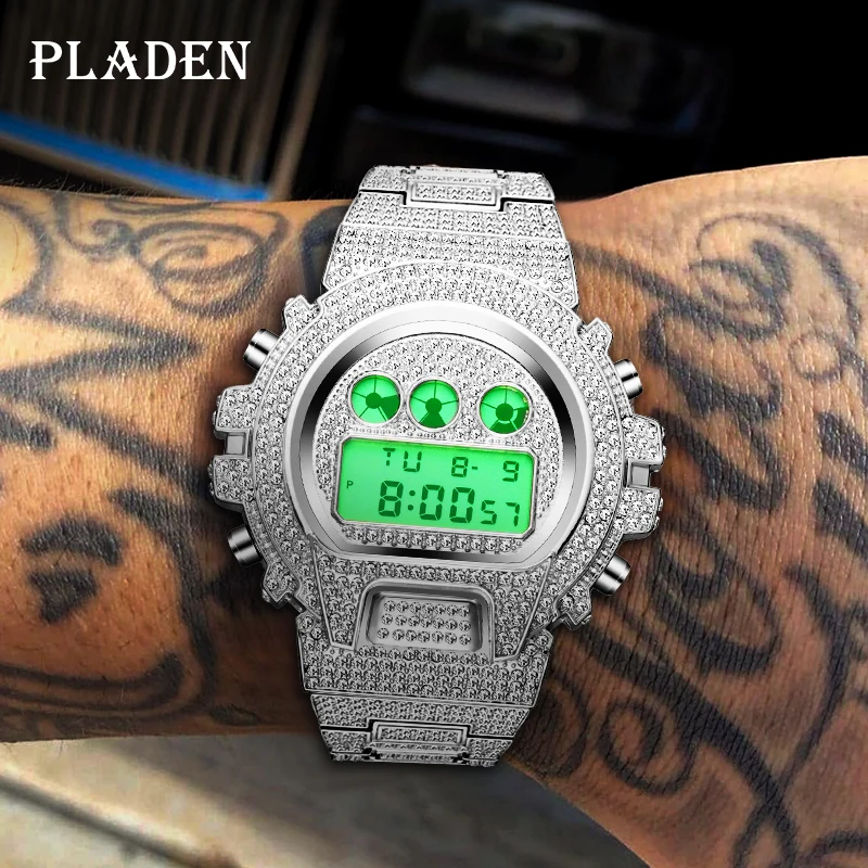 

Luxury Men Watch Fomous Brand PLADEN Hip Hop Style Ice Out Silver Watches Hight Quality Waterproof LED Digital Wristwatch Gift