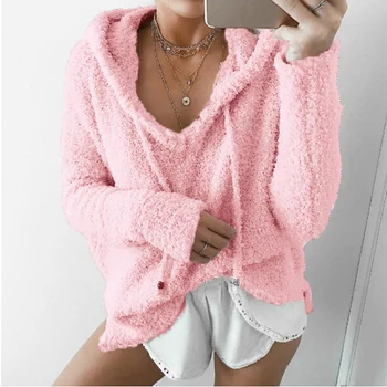 

2020 Autumn Top Women Casual Mohair Hooded Pullovers V Neck Fleece Hoodies Fashion Sweet Loose Warm Winter Mohair Tops