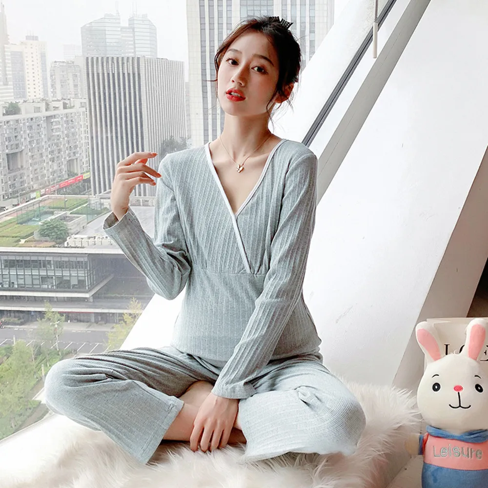 

Fdfklak Spring New Mother Lounge Clothes Maternity Long Sleeve Nursing T-shirt Tops+Pants Pajamas Set Suit Comfatable Daily