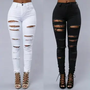 

Women High Waist Denim Pants Fashion Hole Distressed Ripped Skinny Leg Jeans Long Trouser