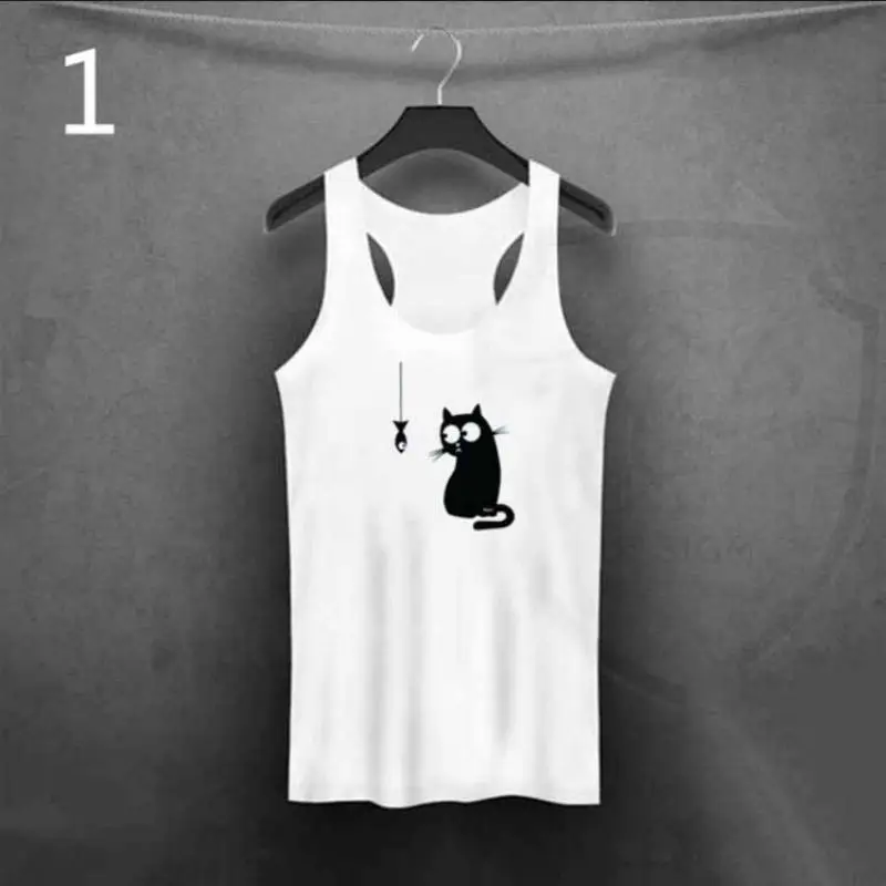 Высокое качество, Женская Летняя Сексуальная футболка с круглым воротником без рукавов с принтом кота, майка, майка, приталенный Повседневный жилет - Цвет: Белый