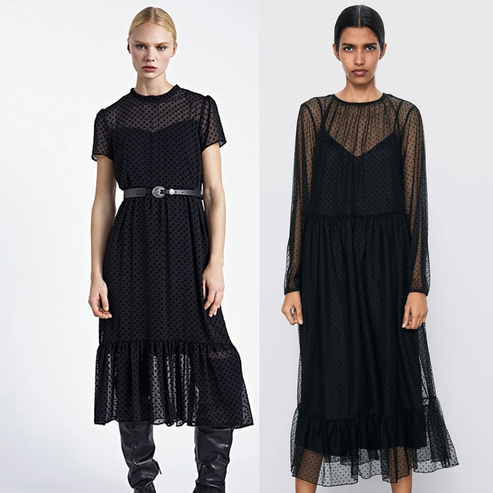 

2020 Spring Summer ZA Semi-Transparent Mesh Dresses Women Round-Neck Sling Elegant Party Statment Female Dress Gifts Wholesale