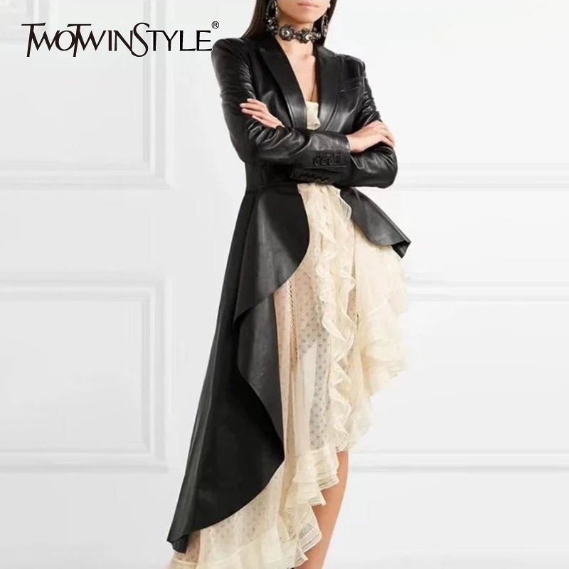 

TWOTWINSTYLE Elegant PU Leather Asymmetrical Women's Coat Lapel Collar High Waist Sashes Female Coats 2019 Autumn Fashion New