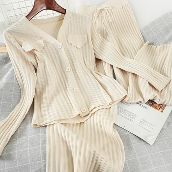 

Knitted Solid 2 Piece Set Women 2020 Spring All Match V Neck High Waist Wide Leg Pants Korean New Two Piece Set