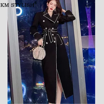 

KM STYLISH Women Clothings 2019 Fall/Winter New Diamond Buckle Chain Rhinestone Slim Suit Collar Long Sleeve Split White Dress