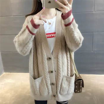 

Long Sweater Cardigan Women 2020 Spring New Easing Long-Sleeved V-neck College Wind Twist Sweater Coat