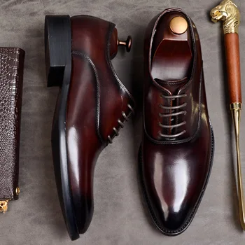 

New Men Formal Shoes Leather Oxfords Genuine Cow Leather Lace-up Office Wedding Shoes Black Wine Red Men Dress Shoes Eu 46