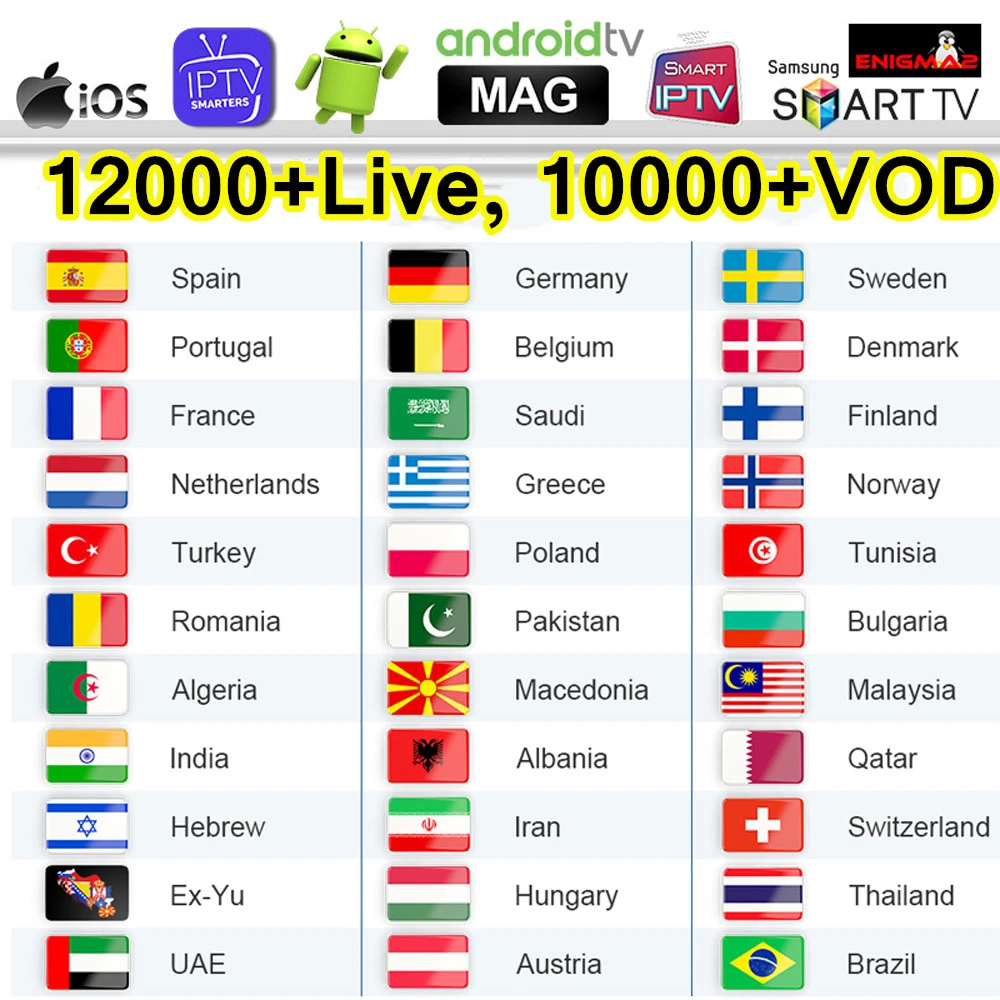 

IPTV 12 Months Swedish Norway Denmark Greek Subscription Spain Portugal Netherlands Belgium for Smart IPTV Smarters pro M3u MAG