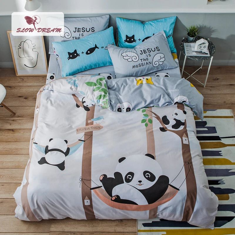 

SlowDream 100% Cotton Cartoon Panda Bedding Set US Twin Single Double For Kids Child Cat Healthy Bedspread Flat/Elastic Sheet