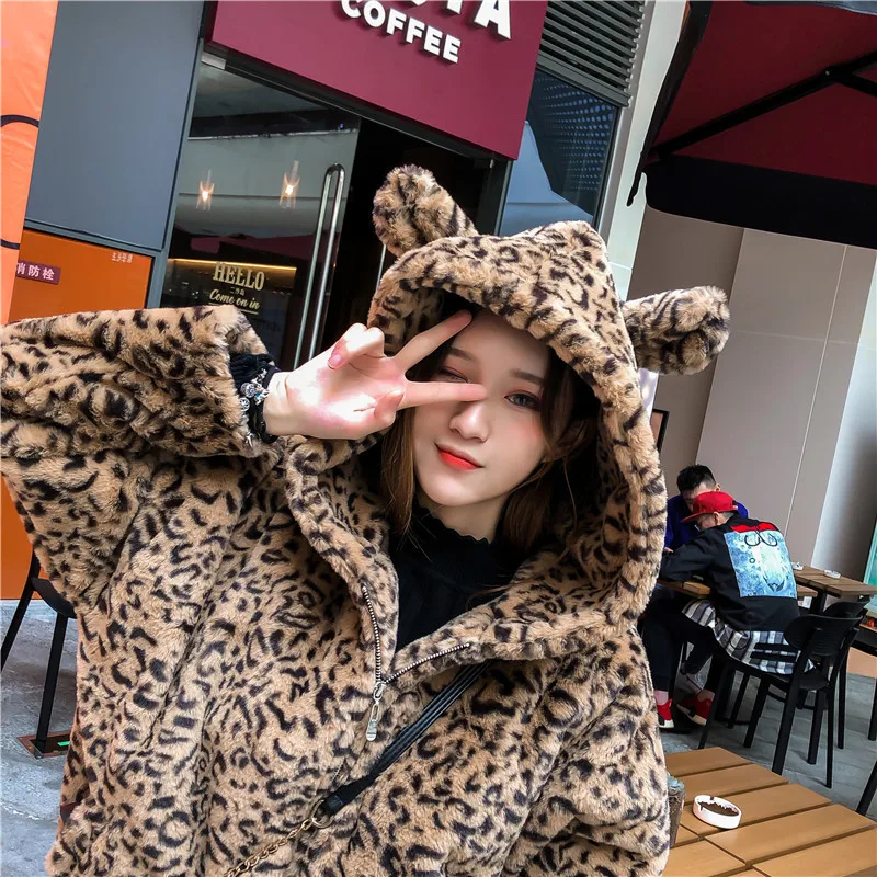 

Women Winter Jackets and Coats Hooded with Velvet Zipper Leopard Pockets Cute Loose Veste Femme Manteau Chaqueta Mujer
