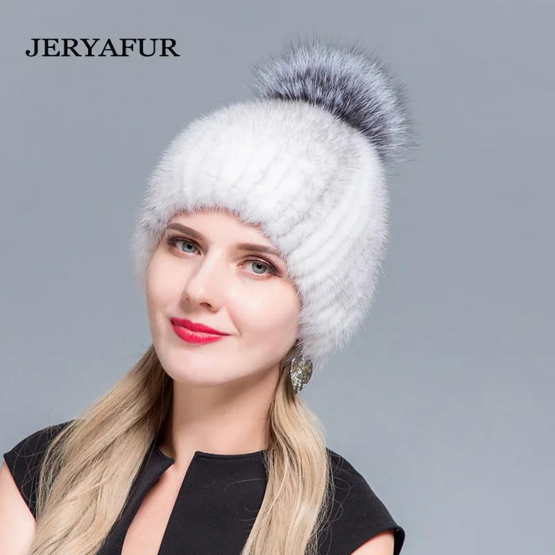 JINBAOSEN neue verkauf pelz hute frauen neue pelz hюте фюрс зима настоящий nerz hut silber fuchs pelz pom poms gestrickte beani - Цвет: COLOR4