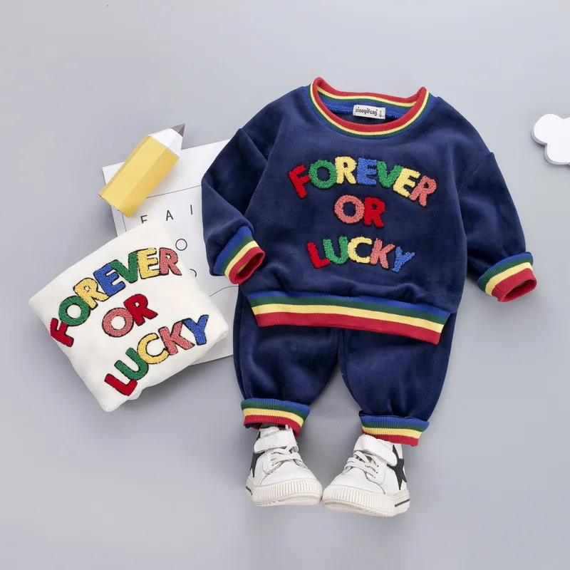 

2019 Autumn And Winter New Style Children Double-sided Plush Thick Set Embroidery Lettered Warm Boys And Girls Suits Winter