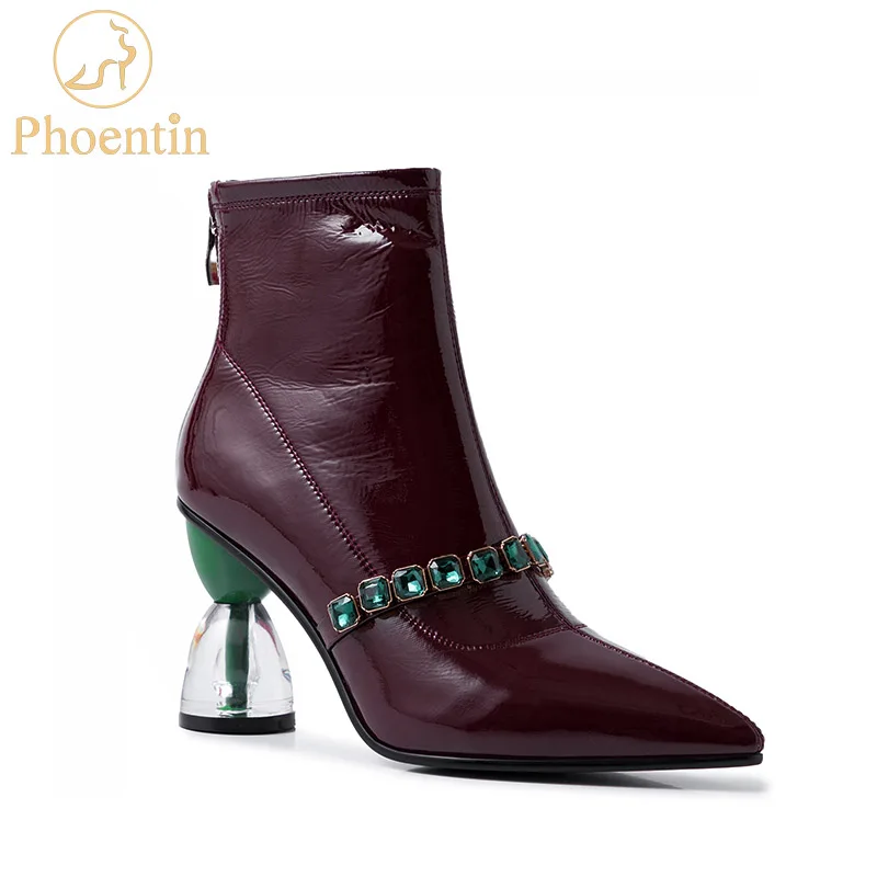 

Phoentin genuine leather boots ladies zipper closure crystal strange heels pointed toe plus size shoes woman wine red 2019 FT764