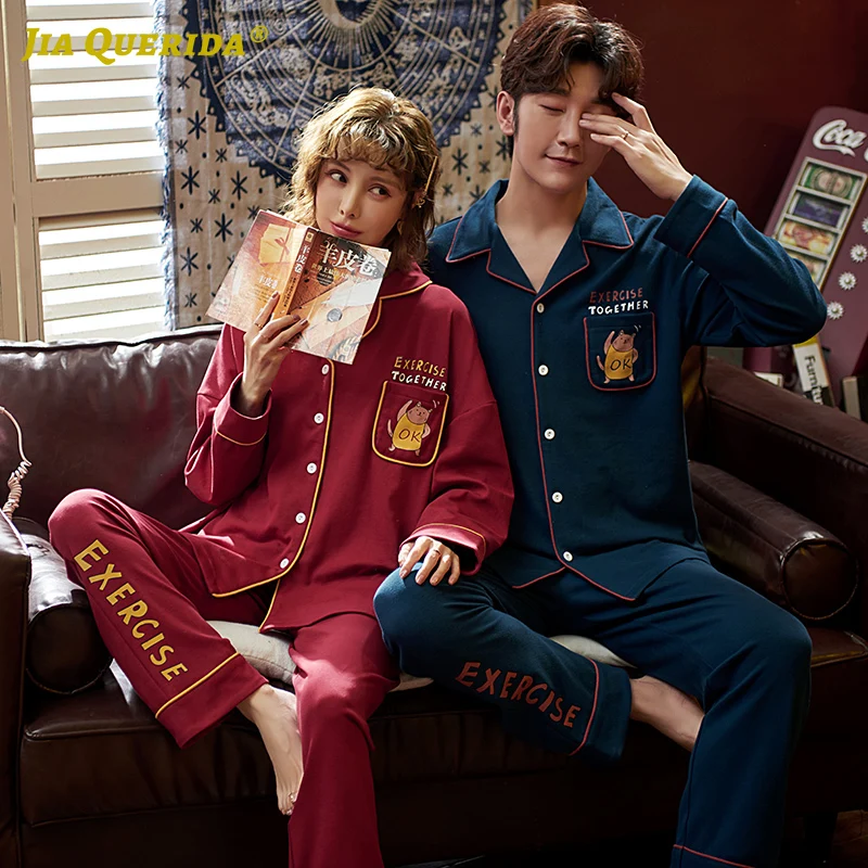 New Pajamas Couple Cartoon Printing Homesuit Homeclothes Long Sleeve Long Pants Sleepwear Front Pocket Pajamas Set Loungewear