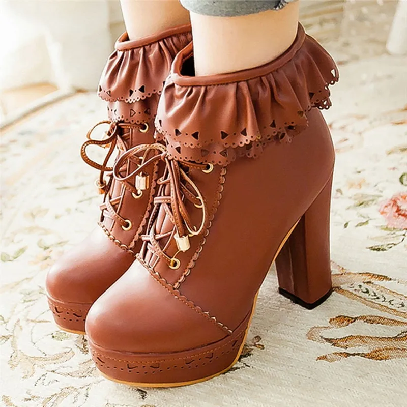 Botas Mujer/модные зимние ботильоны в стиле Лолиты на очень высоком каблуке с круглым носком и шнуровкой женские кожаные ботинки в стиле ретро;#5 - Цвет: BW