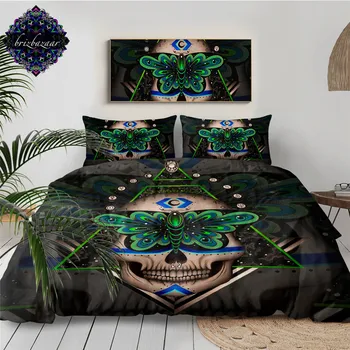 

Prophecies by Brizbazaar Bedding Set Gothic Skull Duvet Cover Green Butterfly Bed Set 3-Piece Geometric Abstract Art Bedclothes
