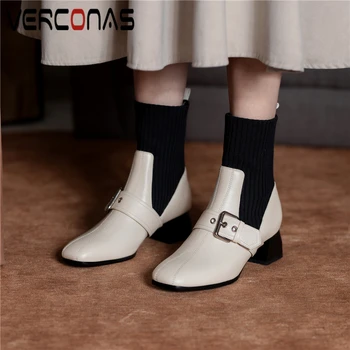 

VERCONAS Fashion Ankle Boots For Women Autumn Winter Genuine Leather Shoes Woman New Arrival Rivets Buckle Knitting Short Boots