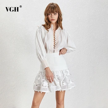 

VGH Lace Patchwork Women Suit Lapel Lantern Sleeve Shirt High Waist Slim Mini Skirt Two Piece Set Female Spring 2020 Clothes