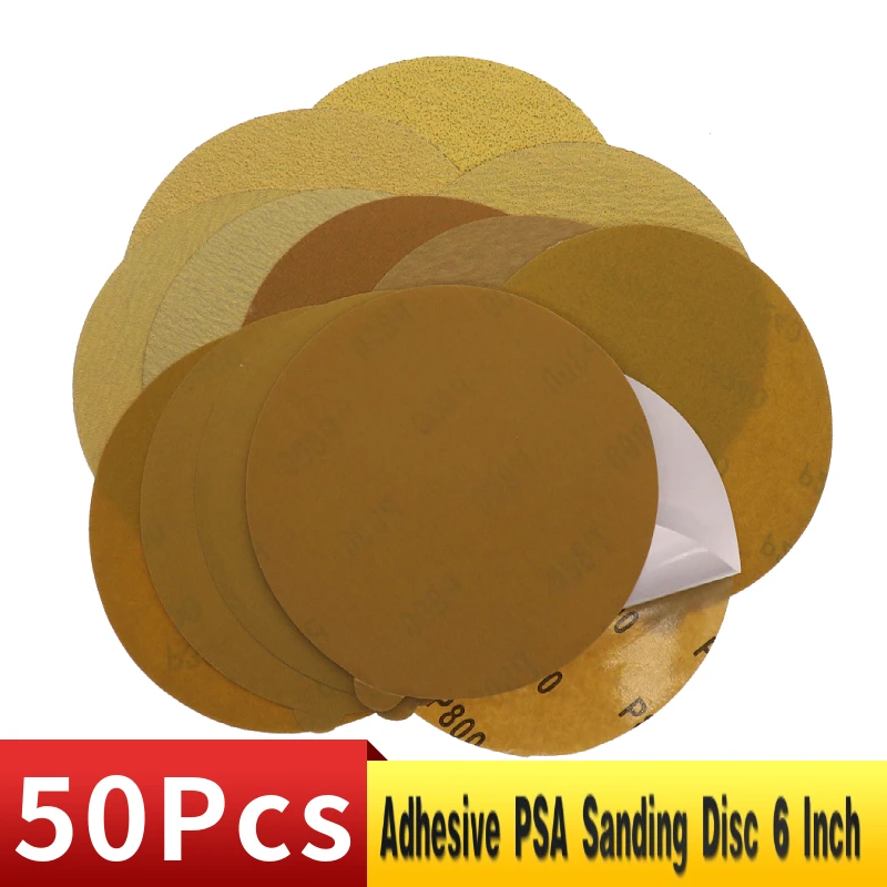 50PCS 6 Inch 150MM PSA Adhesive Sandpaper Sanding Discs 40 to 800 Grits Artificial Stone, Furniture and Wood Sanding Polishing