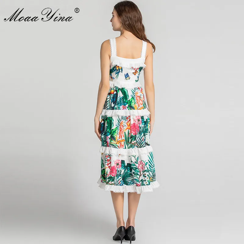 MoaaYina, модное дизайнерское летнее женское платье на бретельках с оборками и цветочным принтом попугая, платье для отпуска