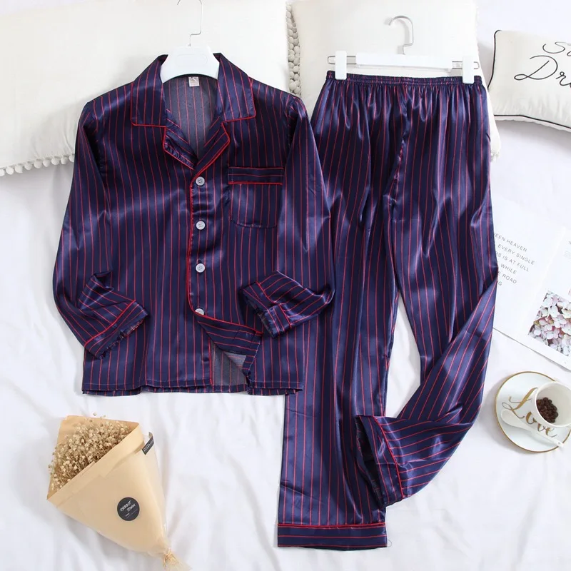 Пара пижам, набор комфортных шелковых атласных пижам для мужчин и женщин, комплект из 2 предметов, полиэстер, простой стиль, для влюбленных, с отложным воротником, домашняя одежда - Цвет: Striped men