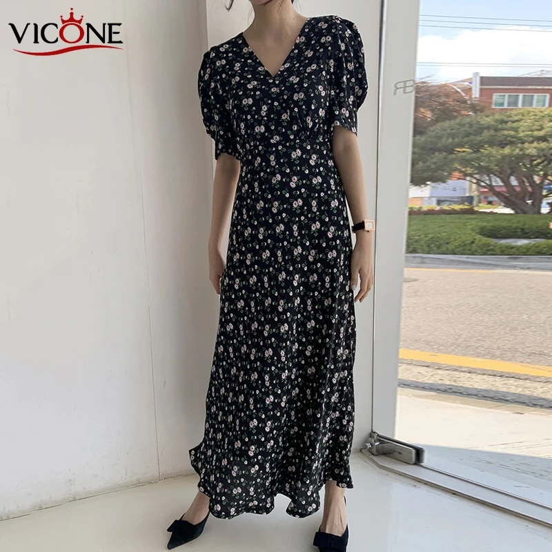 

VICONE South Korea Chic Summer Elegance Full Screen Small Floral Thin V-neck Lace Waist Puff Sleeve Dress Dress Women