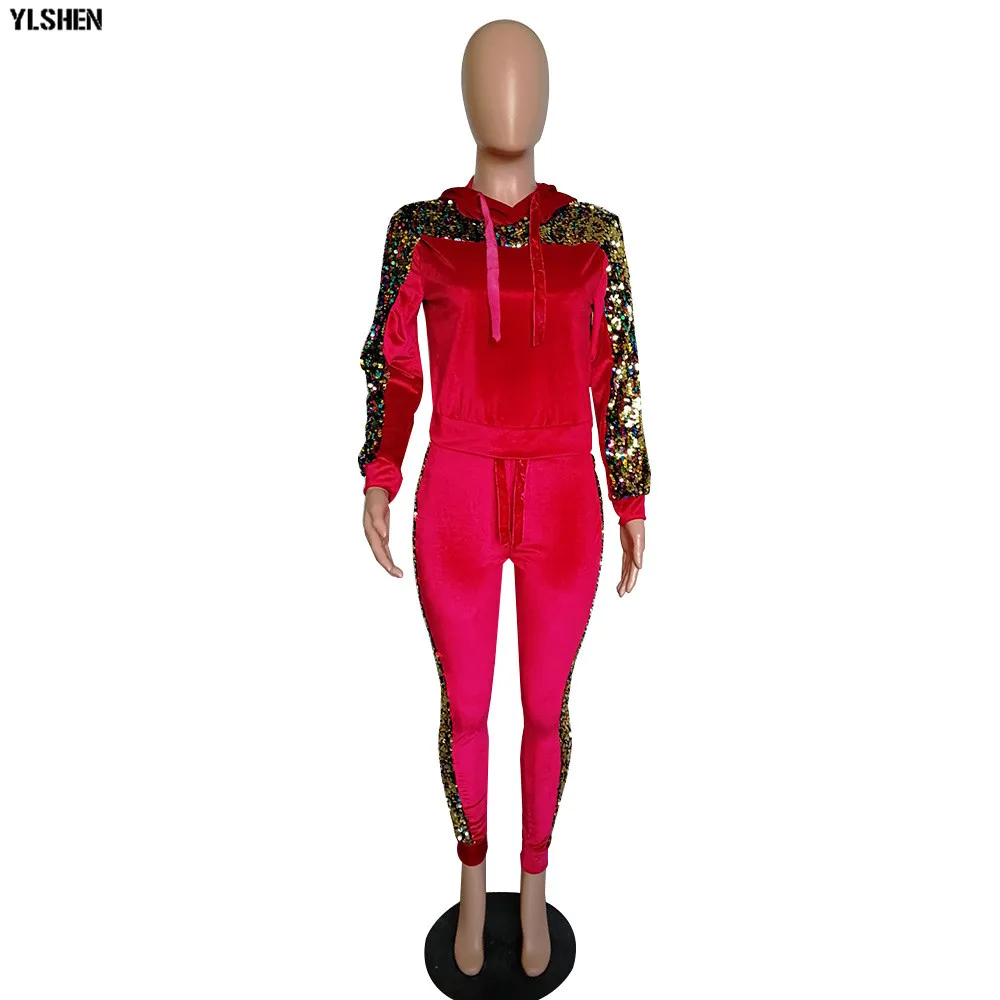 2 Two Piece Set Velvet Tracksuit Women Sexy Sequins Jogging Femme Plus Size Long Sleeve Tops +Pants Sweat Suits Matching Sets 19