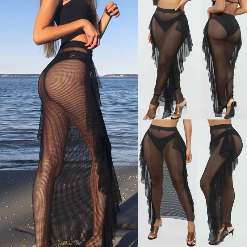 Skirts Womens Sexy See-Through Skirt Fishnet Side Ruffles Long Skirt Hollow High Waist Skirts Mesh Sheer Sarong Bikini Cover up