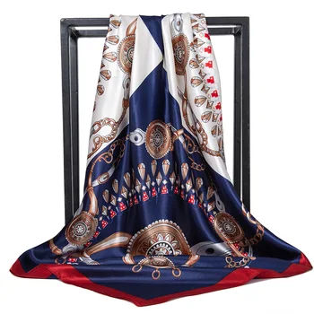 

90X90cm Fashion Chain Printing Silk Scarf Female Satin Color Matching Simulation Silk Square Scarf Foulard Bandana Women Spring