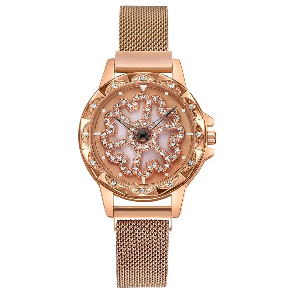 Роскошные женские часы из розового золота, специальный дизайн, 360 градусов вращения, бриллиантовый циферблат, сетчатый магнит, звездное небо, женские кварцевые часы - Цвет: Rose Gold