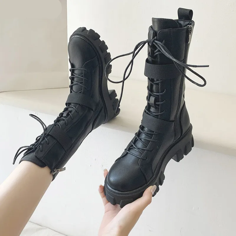 Rock Shoes Woman Boots Women New 2025 Lace Up Booties Ladies Round