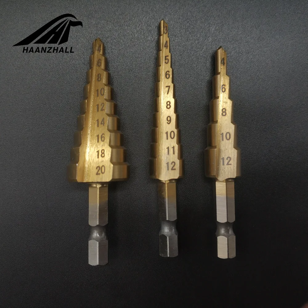 3PCS HSS Steel Titanium Step Drill Bit 3-12mm 4-12mm drill 4-20mm Step Cone Cutt Tools Metal Drill Bit Set for Woodworking Wood 3pcs hss titanium coated step drill bit set high speed steel cone drill bit plastic wood metal working aluminum hole drilling