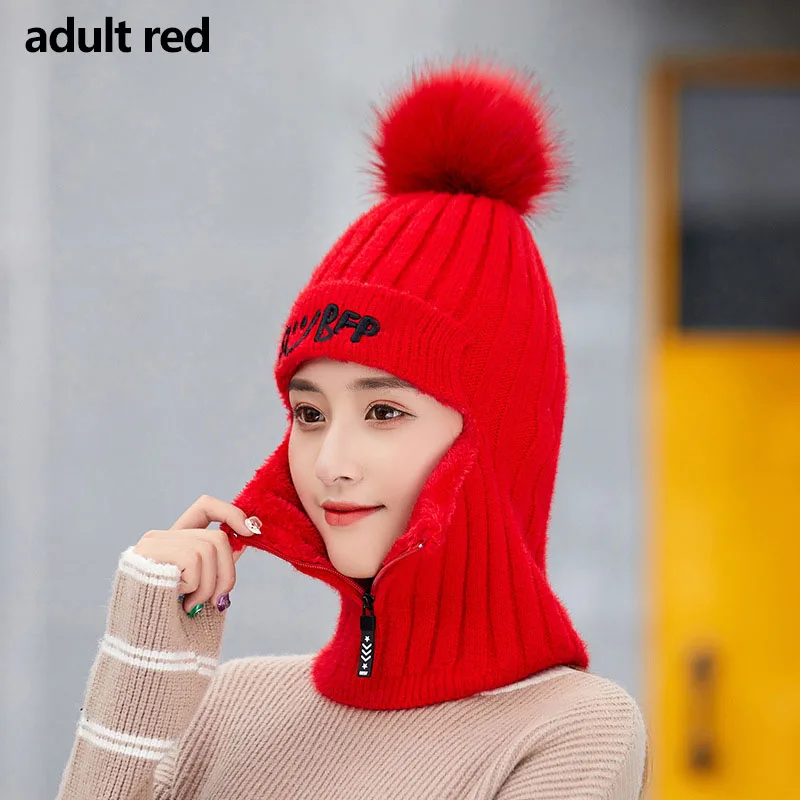 adult red Зимние вязаные шерстяные шапки для детей, милые шапочки из пряжи, шапка, маска для лица, уличная Теплая Бархатная Толстая велосипедная шапка Skullies Bonnet - Цвет: adult red