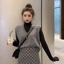 Осень, женский свитер, свободный, свободный, в Корейском стиле, без рукавов, свитер, жилет, однотонный, v-образный вырез, женские топы