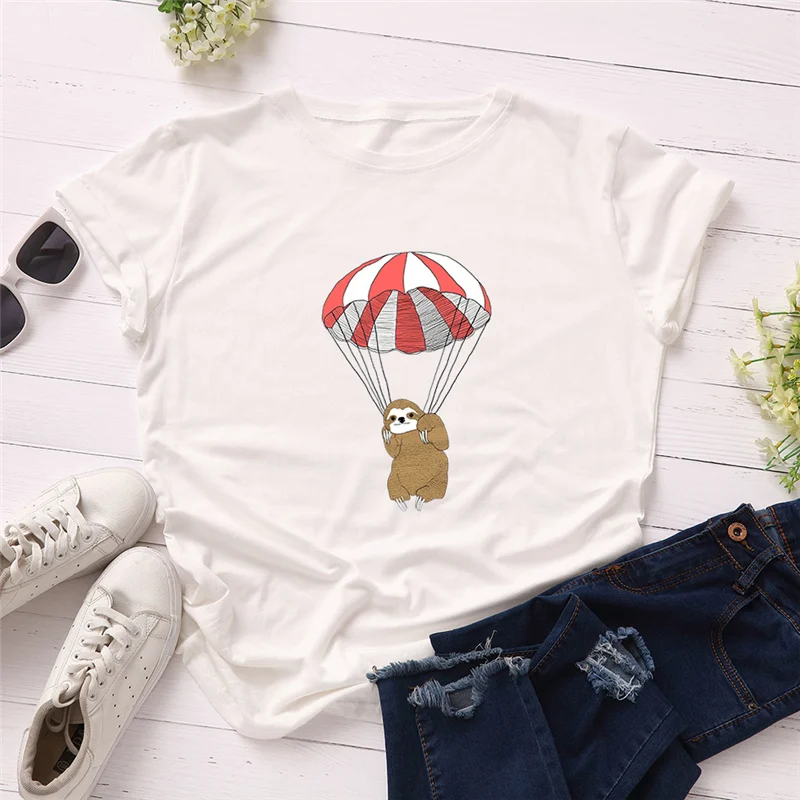 

Women skydiving sloth tshirt casual animal tops Harajuku loose summer cute cartoon cotton print O neck Tees plus size s-5xl