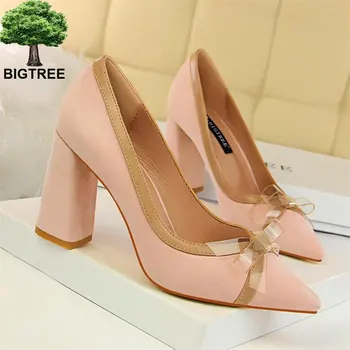 

BIGTREE Office High Heel Shoes Sweet Transparent Butterfly-knot Women Pumps Mixed Colors Flock Shallow High Heels 8.5cm Shoes