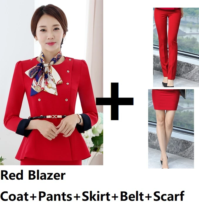 Red Pants Skirt Set Модные стильные женские офисные костюмы с поясом и шарфом для женщин, деловые блейзеры, профессиональный комплект стюардессы - Цвет: Red Pants Skirt Set