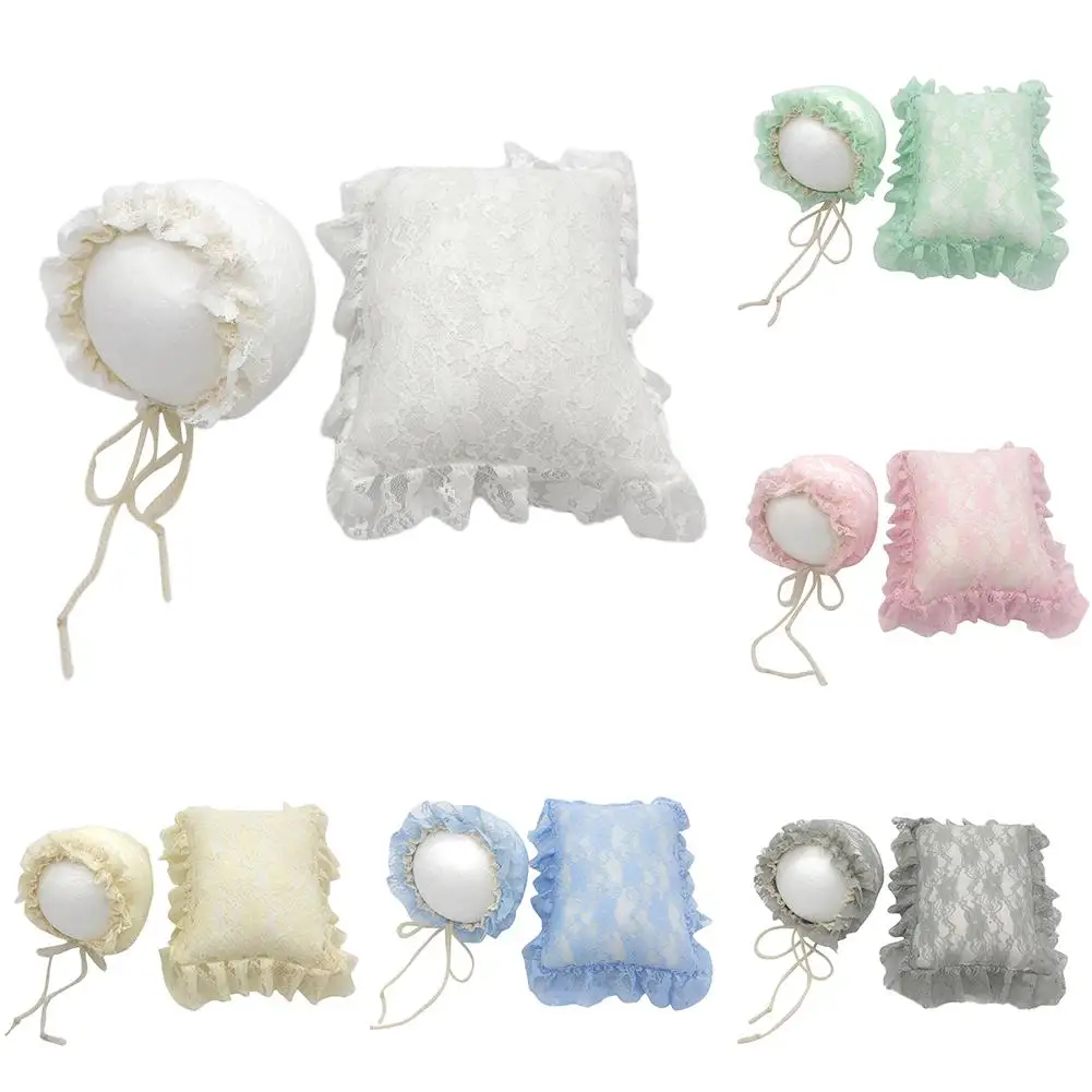 

2Pce/Set Newborn Hat + Pillow Photography Props Baby Infant Lace Pillow Cushion Hat Cap Newborn Photography Studio Photos Props