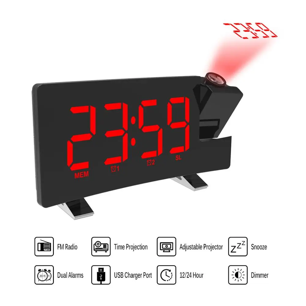 Digital FM Radio Alarm Clock with Projection 4 Alarm Sounds 9 Min Snooze Function Sleep Timer for Home Office Bedroom - Цвет: black red
