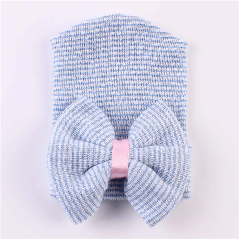 0-6M Newborn Baby Crochet Stripe Hats with Big Bow Baby Girl Infant Soft Knitting Cotton Caps Autumn Winter Warm Cap KBH80 baby accessories bag	